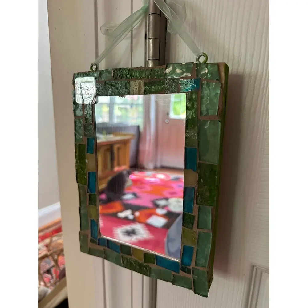 2 Vintage MOSAIC MIRRORS swell colors handmade bohemian green yellow 16x8”,8x6”